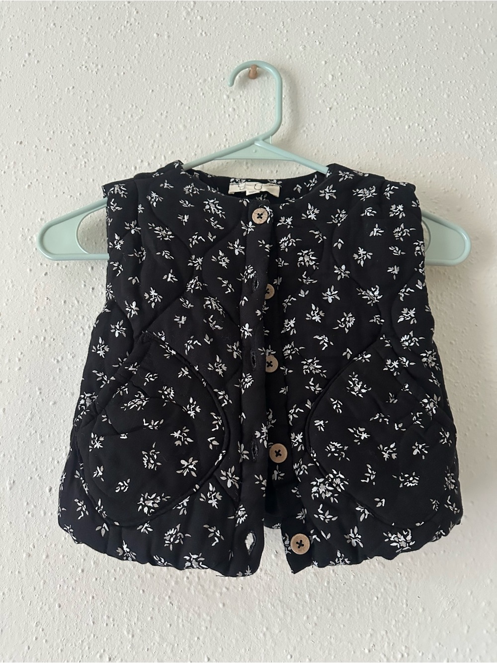 Girls Black Cottage Floral Quilted Vest with Button Front
